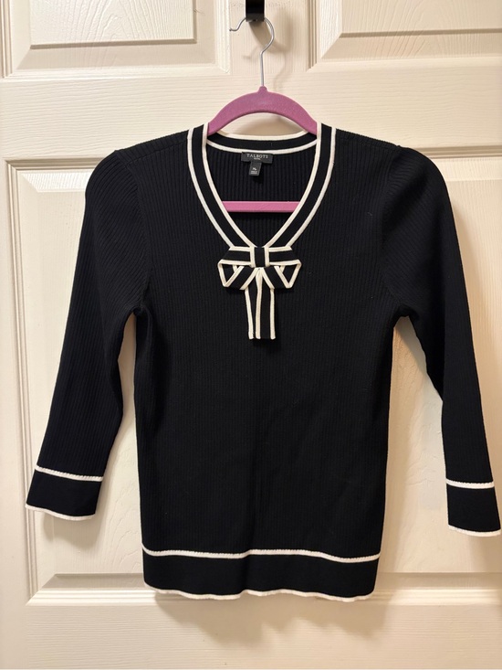 Talbots Sweaters - Talbots Petites Women MP Black Ivory Bow Neck Ribbed Sweater 3/4 Sleeve Preppy